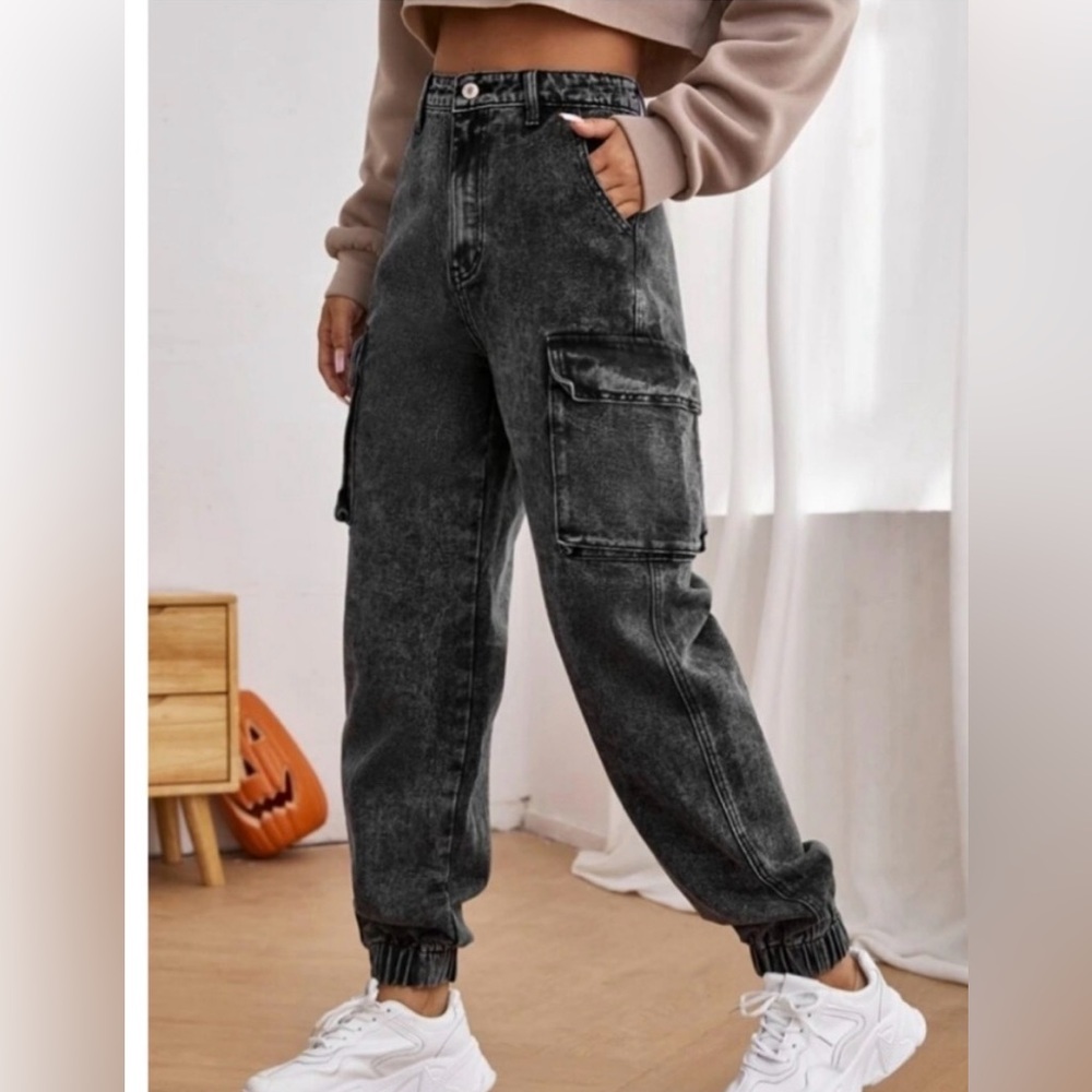 High Waist Black Acid Wash Jogger Jeans